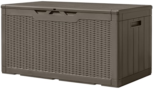 Greesum 100 Gallon Resin Deck Box Large Outdoor Storage, Imitation Rattan Weave Texture for Patio Furniture, Garden Tools, Pool Supplies, Weatherproof and UV Resistant, Lockable, Light Coffee - color: Light Coffee, size: 100 Gallon