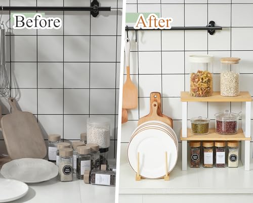 Marsui 4 Pcs Kitchen Organizer Accessories Set Cabinet Organizer Shelf and Bamboo Dish Drying Plate Rack Counter Shelves Storage Holder for Spice Rack, Dish, Pot Lid, Bowl, Cup(Wooden Color) - color: Wooden Color