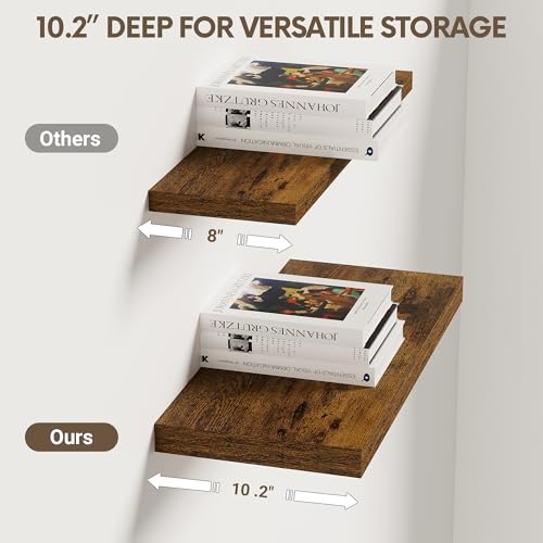 Vivelove 10 Inch Deep Floating Shelves 16 inch Long, 16 x 10 Wide Wall Shelves with Invisible Brackets, for Bedroom Bathroom Living Room Kitchen Office, Farmhouse Home Decor, Set of 2, Rustic Brown - color: Rustic Brown, size: 15.7”Wx10.2”Dx1.5”H