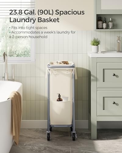 SONGMICS Laundry Basket with Wheels, Rolling Laundry Hamper, 23.8 Gallons (90 L), Removable Liner, Steel Frame with Handle, 24 x 11.4 x 31.9 Inches, Cream White URLS003W01 - color: Cream White, size: 90 L (1-Section), style: Rectangular with handle