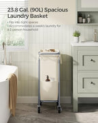 SONGMICS Laundry Basket with Wheels, Rolling Laundry Hamper, 23.8 Gallons (90 L), Removable Liner, Steel Frame with Handle, 24 x 11.4 x 31.9 Inches, Cream White URLS003W01 - color: Cream White, size: 90 L (1-Section), style: Rectangular with handle