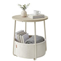 SONGMICS HOME Small Side Table, Round End Table, 2 Tier Nightstand with Basket, U Shaped Steel Legs, Easy Assembly, for Living Room, Bedroom, Beige and White - color: Beige + White, size: 1 pack