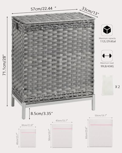 SETVSON Laundry Hamper with Lid, 112 L Handwoven Rattan Wicker Laundry Basket, 2 Removable Liner Bags Metal Heightened Feet, 6 Mesh Bags, 2 Section Large Clothes Hamper for Bathroom Bedroom, Gray - color: Gray, size: 112 L - 29.6 gal