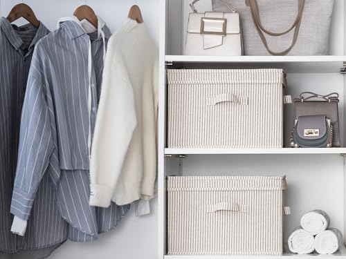 StorageWorks Fabric Storage Bins with Lid, Decorative Storage Boxes for Shelves, Stackable Closet Organizer Basket with Handles, Large, Khaki and Beige Stripes, 2-Pack - color: Khaki and Beige Stripes, size: Large
