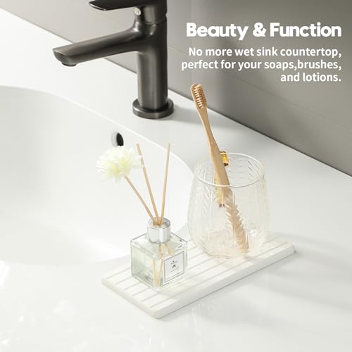 2PCS Water Absorbing Stone Drying Tray Mat for Bathroom Sink & Kitchen Counter Faucet Organizer, Quick Dry Dish Rack Soap Dispenser Sponge Holder, Vanity Sink Caddy Bar Coaster, Ivory White 8“x 4” - color: 2pcs - 8"x 3.8" - Ivory White