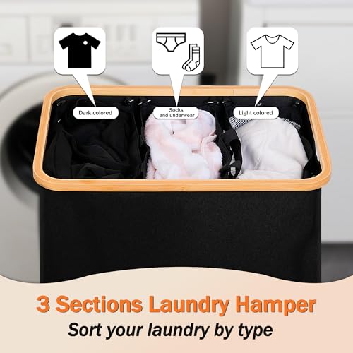 efluky Laundry Hamper with Lid, Trio Laundry Hamper with 3 Removable Bags, 3 Section Laundry Basket with Bamboo Handles for Bathroom, Bedroom & Laundry Room, 160L Black - color: Black, size: 160L Trio