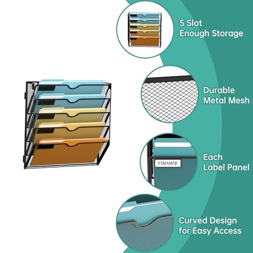 SUPEASY 5 Tier Wall File Organizer, Hanging Wall Mounted Mail Organizer with Label Slots, Metal Mesh File Holder Magazine Rack for Office, Home, School or Classroom, Black - color: Black, size: 5-Tier
