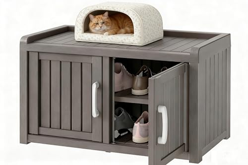 KAMABOKO Shoe Storage Cabinet Waterproof UV-Resistant, Entryway Storage Bench Indoor Outdoor with 2 Barn Doors, Adjustable Shelves for Entryway, Bedroom, Hallway,Living Room(Classic Grey) - color: Classic Grey, size: Double Door