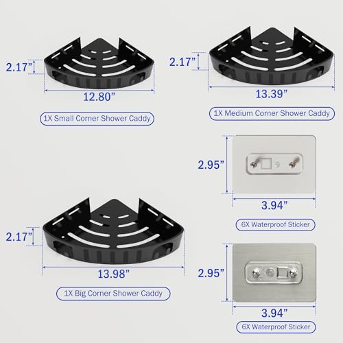Adhesive Corner Shower Shelf No Drill | Rust-Proof Aluminum Alloy Stick On Bathroom Organizer with Shaving Holder for Shampoo, Conditioner, Soap, Razors Black 3Pack - color: Black 3 Layers, size: 3 Layers