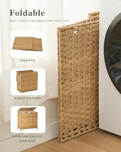 SETVSON Laundry Hamper with Lid 132 L, (35 Gallons) Clothes Hamper with Lid, Handwoven Rattan Laundry Hamper with Metal Heightened Feet, Laundry Hampers with 3 Removable Liner Bags for Laundry-Natural - color: Natural, size: 132 L - 35 gal