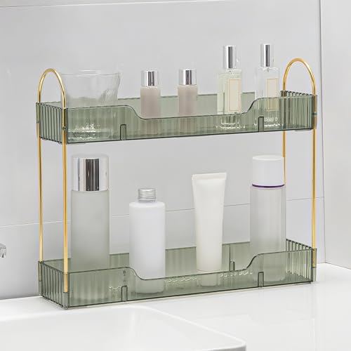 YCIA&DONE 2 Tiers Narrow Vanity Makeup Organizer, Bathroom Organizers Countertop Slim, Perfume Holder Skincare Storage Cosmetic Shelf Spice Rack, for Small Desktop Counter Space, Vintage Green - color: Vintage Green