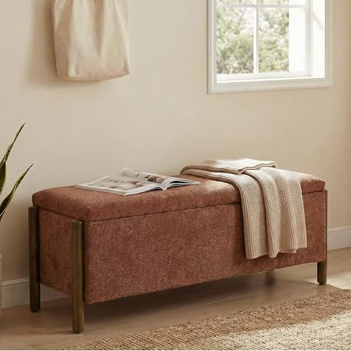 Usaint Wooden Storage Ottoman Bench, 47" Fabric Upholstered End of Storage Bench with Rubberwood Legs, Entryway Bench with Storage for Bedroom, Living Room, Reception, Cloakroom, Rusty Red - color: Rusty Red