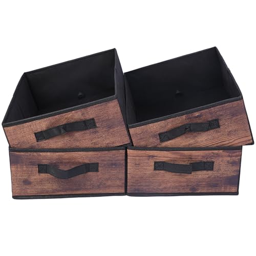 JAKAGO Fabric Storage Bins set of 4 Rectangle Storage Baskets with Handle Foldable Closet Organizer for Clothes Towel bedding Books Collapsible Clothing Container for Shelves Bedroom(Wood Low)