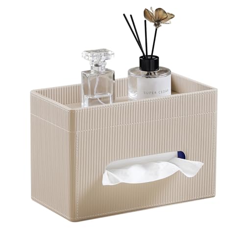 Tissue Box Cover Rectangle with Storage Tray, PU Leather Tissue Holder for Bathroom Vanity Countertop Night Stands Bedroom Office Desk, Stylish Rectangular Tissue Box Holder (Beige) - color: Beige