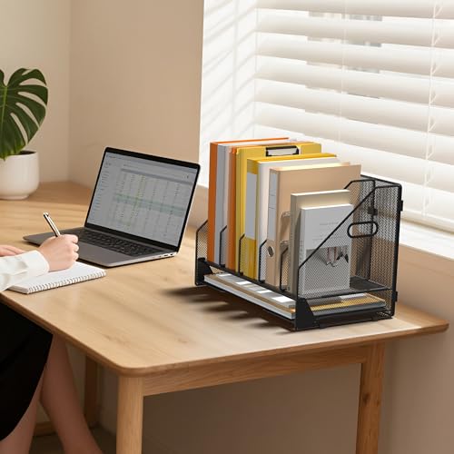 Desk File Folder Holder Organizer-5 Vertical Compartments Racks and Paper Letter Tray,Mesh Magazine File Holder Sorter,Desktop Accessories & Workspace Organizers for Home,Office,School-Black - color: 5 Compartments-Black