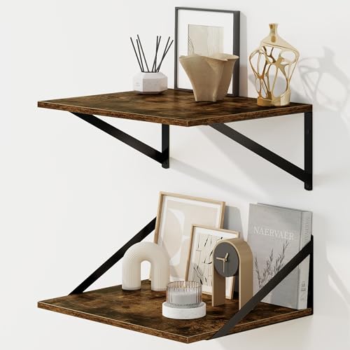 Fun Memories Floating Shelves for Wall, 12 Inch Deep Floating Shelves Set of 2, 16W x 12D Large Wall Shelf with Sturdy Metal Brackets for Living Room, Bathroom, Bedroom and Kitchen, Rustic Brown - color: A-rustic Brown, size: 16"W x 12"D