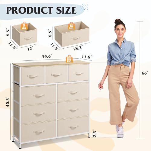 WLIVE 9 Drawer Dresser, Fabric Storage Tower for Bedroom, Hallway, Closet, Tall Chest Organizer Unit for Bedroom with Fabric Bins, Steel Frame, Wood Top, Easy Pull Handle, Cream White - color: Cream White