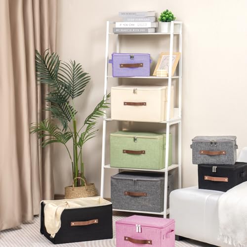 3 Pack Storage Bins with Zipper Lid Fabric Lidded Storage Boxes Baskets Cubes Washable Collapsible PU Leather Handle Cotton Linen Shelves Closet Organizer Container(Pink, Large Size) - color: Pink, size: Large ( Set of 3 )