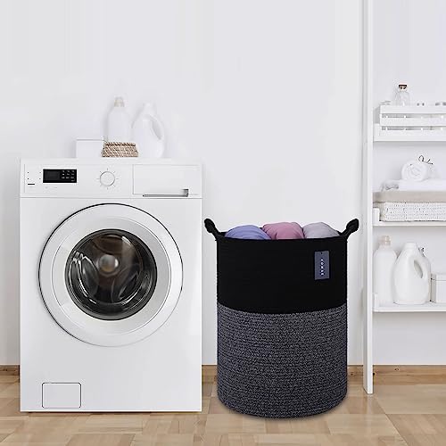 COMSE Extra Large Blanket Basket, Tall Woven Storage Basket, Nursery Hamper, 15.7”x 21.7”, Cotton Rope Laundry Hamper for Toys Clothes Towels, Black - color: Black