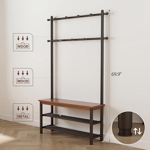 Coat Rack with Shoe Storage, Wood and Metal Frame, Entryway Hall Tree with Bench, Featuring 11 Hooks and 2-Tier Storage Shelves, 3-in-1, Entry Bench with Coat Rack (39.4" Walnut) - size: 100