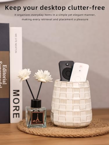GDCZ Ceramic Remote Control Holder, Remote Caddy Organizer Storage, Remote Organizer for Table, TV Remote Holder, Makeup Brush Pen Holder, Space Save for Office Desk (White) - color: White