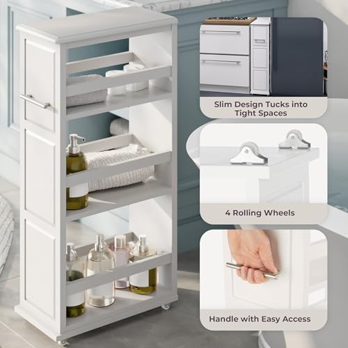 Lavish Home 3-Tier Slim Rolling Storage Cart - 16.7” x 9” Narrow Rolling Cart with Handle and Wheels for Bathroom, Laundry Room, and Kitchen Organization - Pull-Out Home Organizers (White) - color: White, size: 16.7”W x 9”D