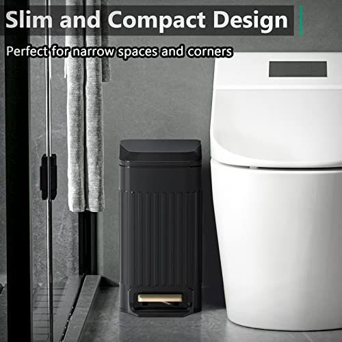 Small Bathroom Trash Can with Lid Soft Close-6L/1.6 Gal Slim Step Garbage Can-Metal Pedal Wastebasket-Narrow Rectangle Garbage Container Bin for Corner Office, Bedroom, Toilet, Live Room-Black - color: Embossed-Black
