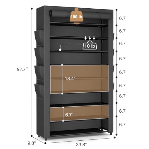 Shoe Rack with Cover, 10 Tier Shoe Organizer Storage for 40-50 Pairs Sneaker and Boots, Large Capacity, with 8 Pockets, Free Standing Tall Shoe Rack for Front Door Entrance, Closet - color: Black