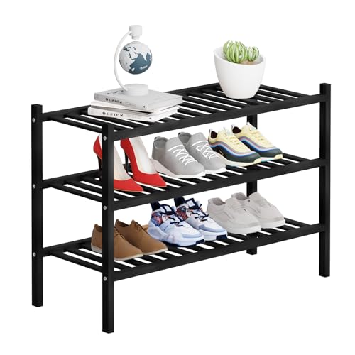 3 Tier Bamboo Shoe Rack Storage Organizer for Closet, Multifunctional Stackable Free Standing Shoe Shelf Organizer for Small Space,Entryway,Hallway,Bathroom 27"x11"x20" (Black, 3 Tier) - color: Black, size: 3 Tier