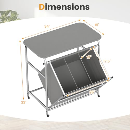 Giantex Laundry Sorter with Foldable Ironing Board, 3 Section Tilt Out Laundry Hamper with Removable Bags, Heavy-Duty Rolling Laundry Cart with Lockable Wheels for Bathroom Bedroom, Grey