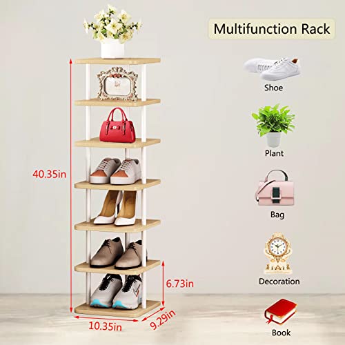 SORCEDAS 7 Tiers Vertical Shoe Rack Wooden Shoe Storage Organizer for Space Saving Narrow Shoe Shelf Storage 7 Pairs for Entryway Living Room Bedroom(White+Oak) - color: White, size: 7 Tier-Standard