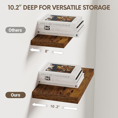 Vivelove 10 Inch Deep Floating Shelves 10 inch Long, 10 x 10 Wide Wall Shelves with Invisible Brackets, for Bedroom Bathroom Living Room Kitchen Office, Farmhouse Home Decor, Set of 2, Rustic Brown - color: Rustic Brown, size: 10.2”Wx10.2”Dx1.5”H