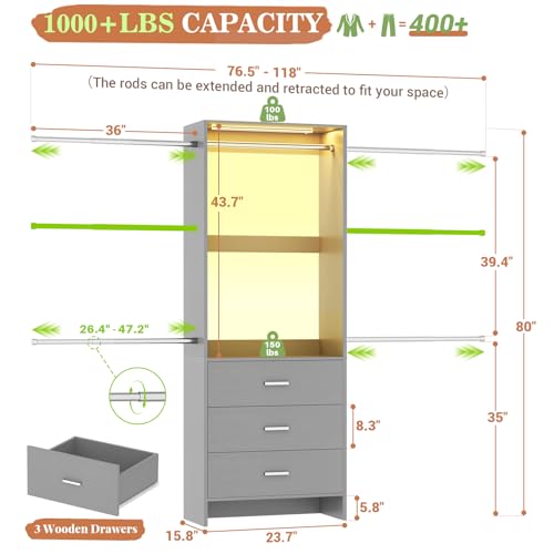 Aheaplus Closet System with Motion-Sensing Light, 3 Wooden Drawers and 4 Hanging Rods, Customizable Walk-in Closet Organizer with 3CCT LED, Heavy Duty Garment Rack for Bedroom,Grey - color: Grey, size: With Light