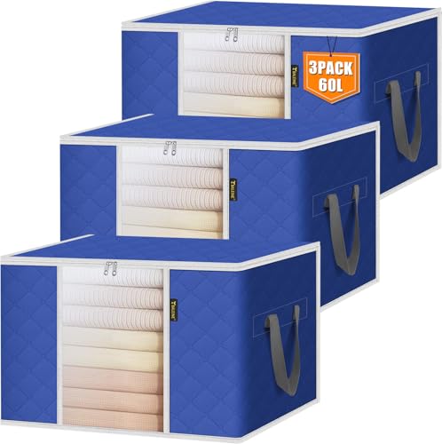 BALEINE 3 Pack Clothes Storage Bags, 16 Gallon Storage Containers with Reinforced Handle, Sturdy Zipper, Closet Organizer for Blanket, Comforter, Pillow, Bedding (Blue, 3 Pack) - color: Blue, size: 3 Pack-16 Gallon