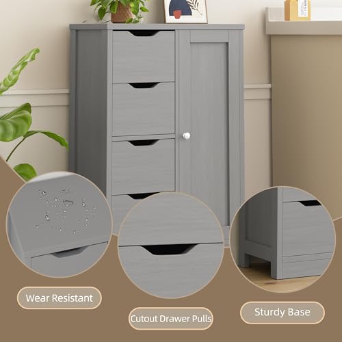 Walsunny Bathroom Floor Storage Cabinet, Wooden Storage Organizer with 4 Drawers and 1 Cupboard, Freestanding Entryway Storage Unit Console Table, Gray - color: Grey, style: 4 drawers