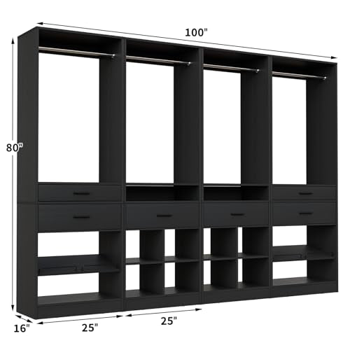 Unikito Closet System, 8.3FT Closet Organizer with 6 Wooden Drawers, Hanging Rods, Adjustable Shoe Rack and Cube Storage, Easy Assembly Wardrobe Tower, Set of 4, Black - color: Black, size: 100 Inch