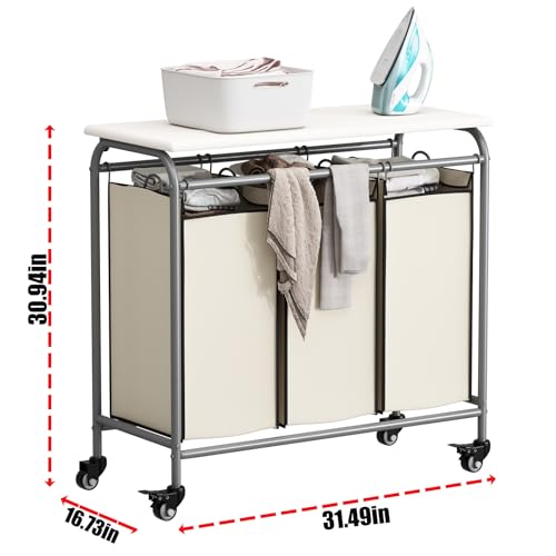 LINZINAR 3 Bag Laundry Basket Sorter Heavy Duty Rolling Lockable Wheels Laundry Hamper Cart with Ironing Board and Removable Bags, Beige - size: 3 Bags Beige with Board