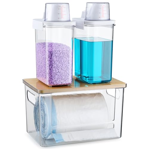 Trash Bag Dispenser Holder, 3-in-1 Laundry Detergent Dispenser Under Sink Organizer Box & Bamboo Lid, Clear Laundry Room Organization and Storage, Kitchen Garbage Bags Storage Container - color: 3-in-1