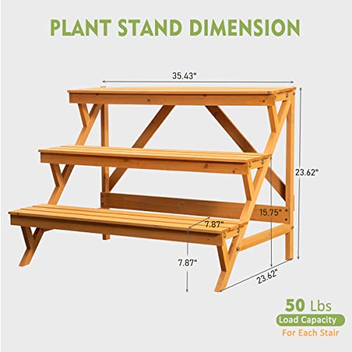3 Tier Wood Plant Stand Indoor Outdoor, Ladder Large Multi Tiered Plant Holder, Wooden, Display Storage Shelf, 35.43"×23.62"×23.62", 3 Layered Step Plant Rack, Stair Plant Stand