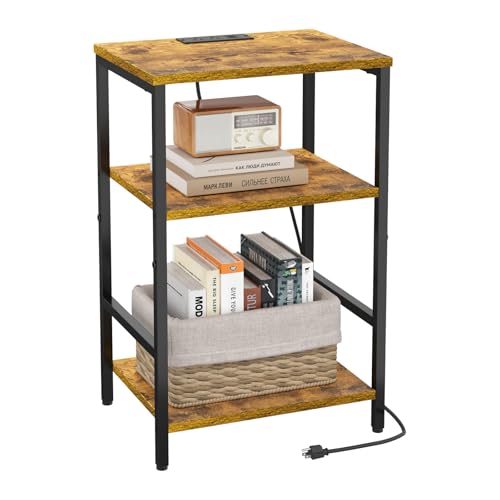 X-cosrack Side Table with Charging Station, End Table with USB Ports and Outlets, Nightstand with Storage Shelves for Small Space, Sofa Couch Table Bedside Table for Living Room Bedroom - color: Rustic Brown With Charging Station