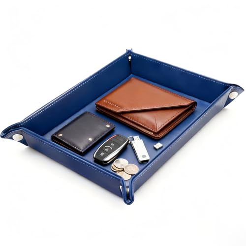 Leather Valet Tray Catchall Organizer, Navy Blue Desktop Storage for Keys, Coins, Wallet, Phone, Jewelry | Multi-Use Entryway Table, Desk & Nightstand Storage for Men & Women (Blue) - color: Blue