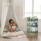 YASONIC 3-Tier Rolling Cart, Green, 66 Pounds Capacity, Mesh Storage Organizer with Lockable Wheels, 3 Hanging Cups, 4 Hooks, Easy Assembly, for Kitchen, Bathroom, Laundry, Grocery - color: Green