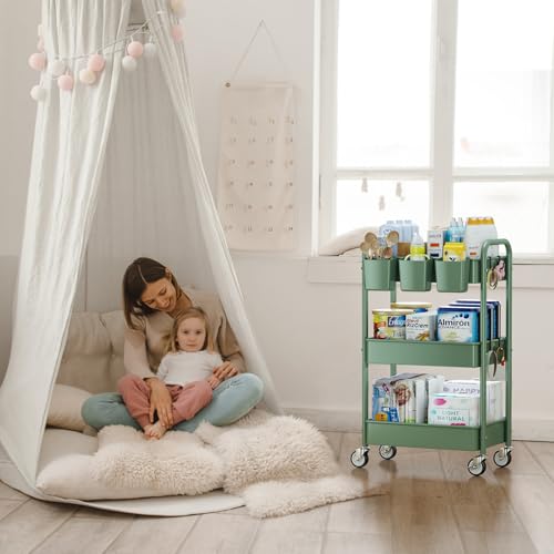 YASONIC 3-Tier Rolling Cart, Green, 66 Pounds Capacity, Mesh Storage Organizer with Lockable Wheels, 3 Hanging Cups, 4 Hooks, Easy Assembly, for Kitchen, Bathroom, Laundry, Grocery - color: Green