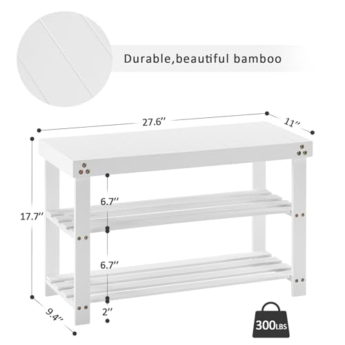 Apicizon Bamboo Shoe Rack for Entryway, 3-Tier Shoe Rack Bench for Front Indoor Entrance, Small Shoe Organizer with Storage, White - color: White, size: 27.6 Inches No Cushion