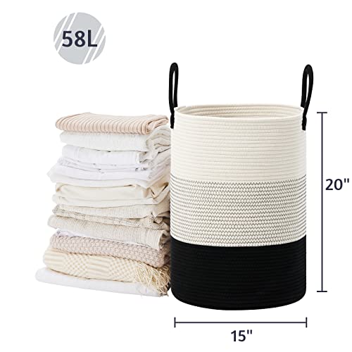 VIPOSCO Large Laundry Hamper, Tall Woven Rope Storage Basket for Blanket, Toys, Dirty Clothes in Living Room, Bathroom, Bedroom - 58L White & Black - color: White & Black, size: 58L