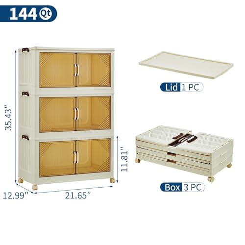 GarveeHome 144QT Stackable Storage Bins, Folding Storage Box with Magnetic Doors & Wheels, Loset Organizers and Storage with Lids, Collapsible Plastic Drawers for Bedroom Kitchen Office, White - color: 3rd floor, size: 48QT