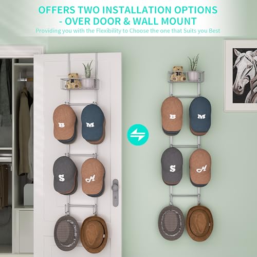 HapiRm Over Door Hat Rack - Wall Mounted Hat Organizer with 6 Hooks and Metal Basket Design, Baseball Cap Organizer Storage Holder Up to 32 Caps for Door, Bedroom, Closet (Sliver) - color: Sliver, size: 1 Pack