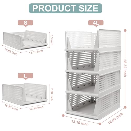 Goderewild Stackable Foldable Storage Baskets, Folding Storage Bins, Closet Organizers and Plastic Drawer Shelf Storage Container for Wardrobe, Cupboard, Kitchen, Bathroom, Office (White, 4L) - size: 4L