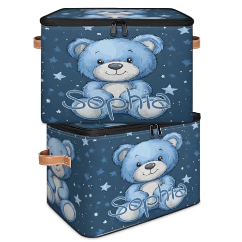 Custom Storage Basket with Name, Personalized Storage Bins with Zipper Lid, Foldable Fabric Storage Box Large capacity with Handle Blue Star Bear - color: Option 5