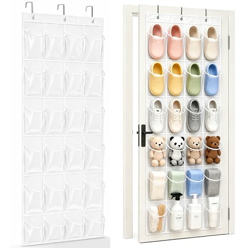 Over the Door Shoe Organizer with 24 Crystal Clear Pockets and Metal Hooks – Heavy Duty Hanging Shoe Storage Rack for Closet, Bathroom, Dorm – Space Saving for Shoes, Accessories, Toys (White) - color: White, size: 1pc